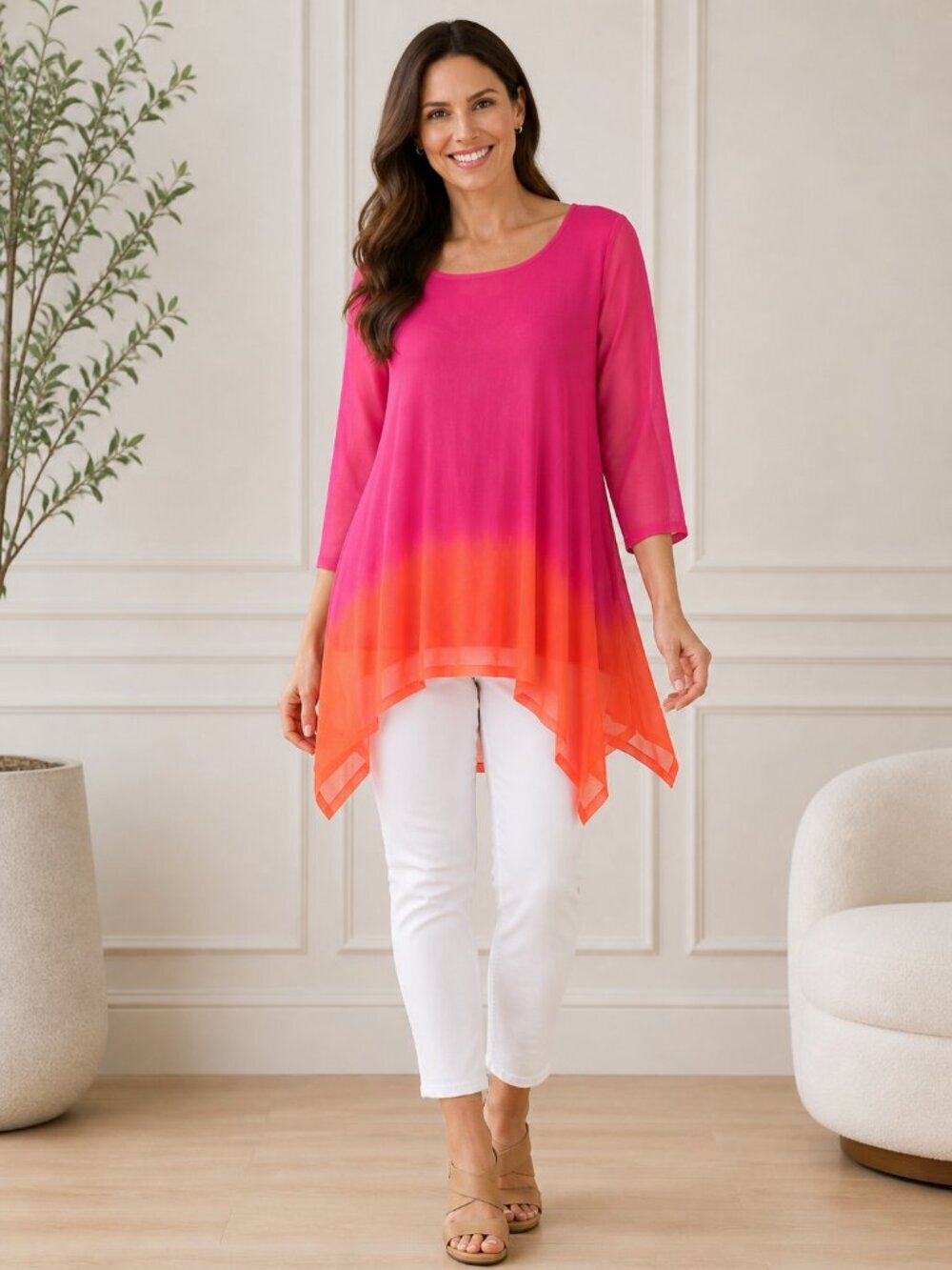 Attitudes by Renee Ombre Tunic Top Pink Orange Small NWOT
